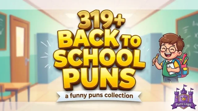 Large 3D gold and yellow typography for 319+ BACK TO SCHOOL PUNS with cartoon student mascot and Puns Logic watermark.