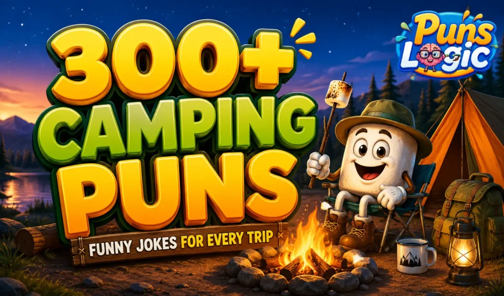 Funny camping puns thumbnail with a cheerful cartoon camper by a campfire