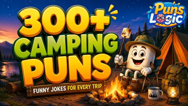 Funny camping puns thumbnail with a cheerful cartoon camper by a campfire