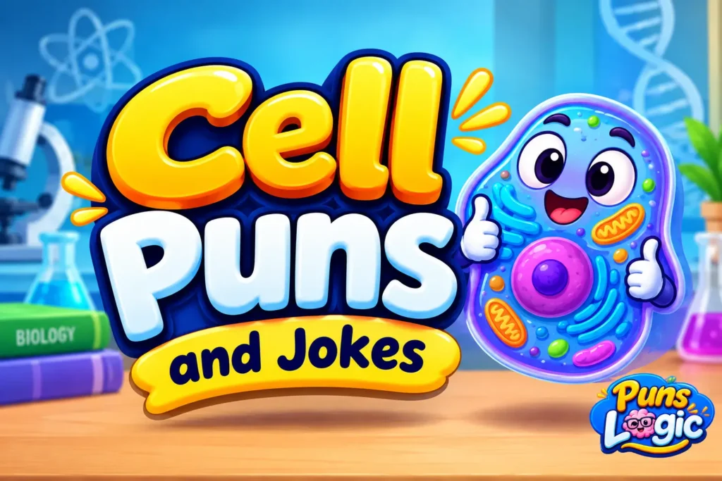Colorful cell puns thumbnail with a cartoon cell mascot in a science lab TITLE: Cell Puns and Jokes Thumbnail
