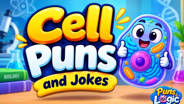 Colorful cell puns thumbnail with a cartoon cell mascot in a science lab TITLE: Cell Puns and Jokes Thumbnail