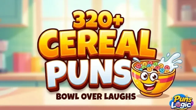 3D typography featuring 320+ Cereal Puns with a cheerful cartoon cereal bowl mascot and the Puns Logic watermark.
