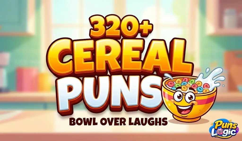 3D typography featuring 320+ Cereal Puns with a cheerful cartoon cereal bowl mascot and the Puns Logic watermark.