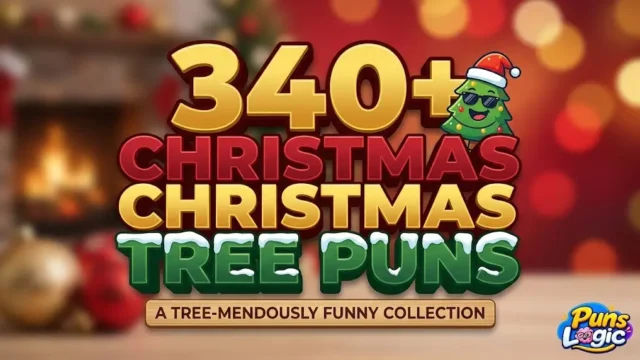 A bold 3D typography thumbnail for Christmas Tree Puns with a cheerful cartoon tree character and brand watermark.