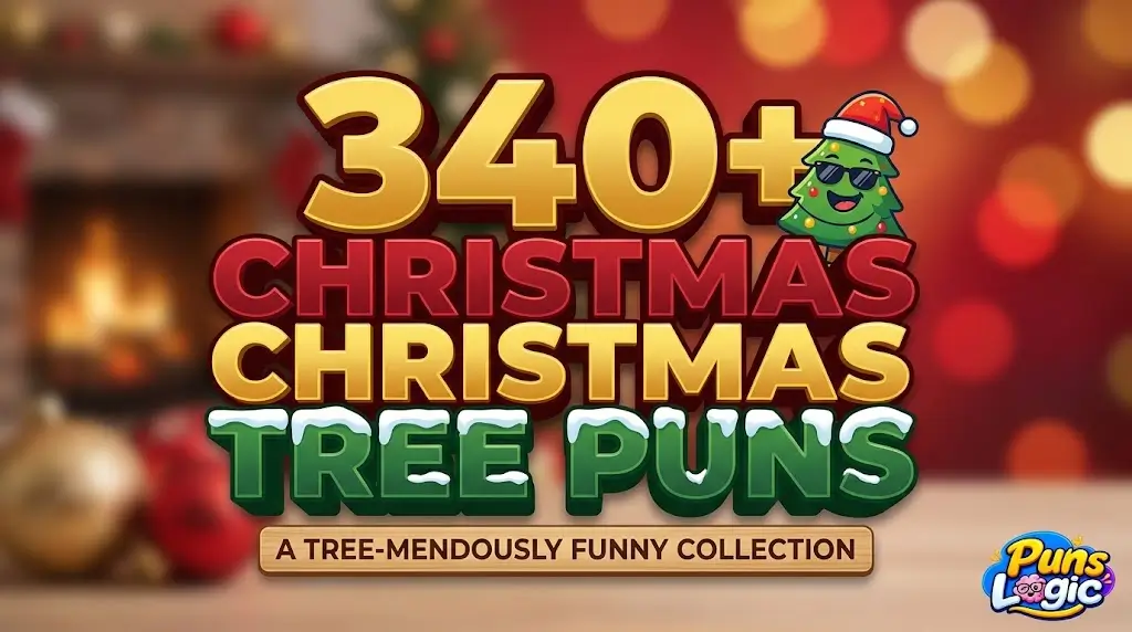 A bold 3D typography thumbnail for Christmas Tree Puns with a cheerful cartoon tree character and brand watermark.