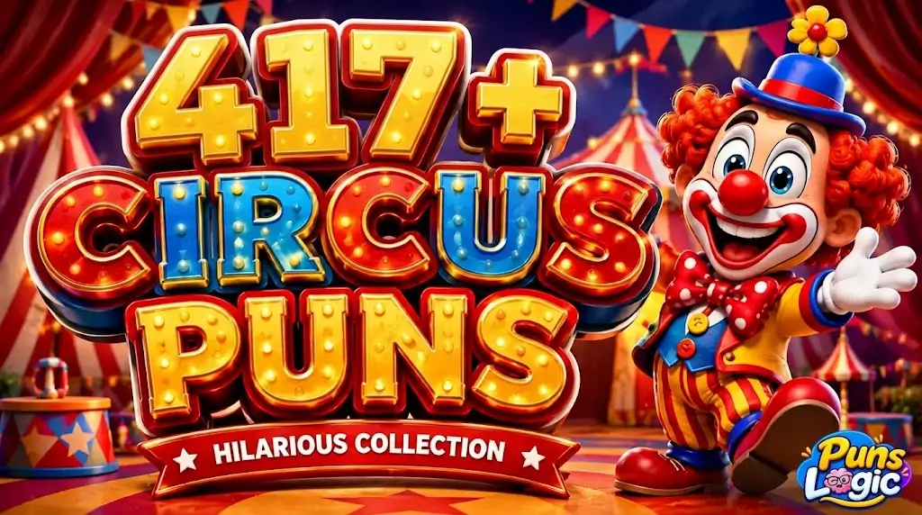 A brightly colored 3D illustration featuring a smiling clown next to large, lit-up marquee letters that read "417+ Circus Puns" and a red banner saying "Hilarious Collection", with circus tents in the background.