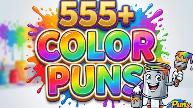 Massive 3D rainbow text reading 555+ COLOR PUNS with a cheerful paint can mascot in a blurry studio.