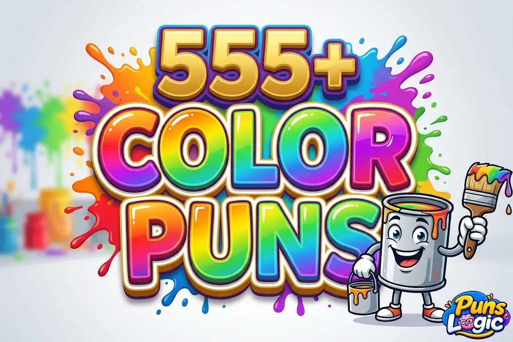 Massive 3D rainbow text reading 555+ COLOR PUNS with a cheerful paint can mascot in a blurry studio.