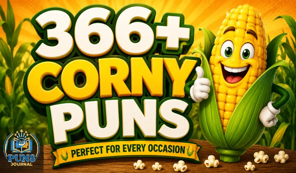 366+ corny puns thumbnail with a cheerful cartoon corn mascot and bold 3D lettering
