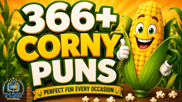 366+ corny puns thumbnail with a cheerful cartoon corn mascot and bold 3D lettering