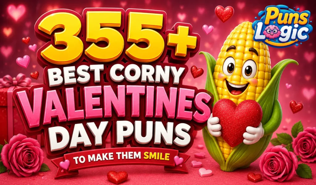 Corny valentines day puns featured image with a cheerful corn mascot and colorful Valentine hearts
