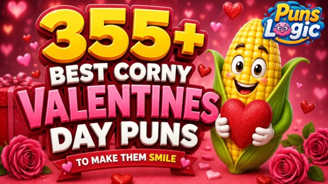 Corny valentines day puns featured image with a cheerful corn mascot and colorful Valentine hearts