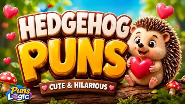 A vibrant 3D cartoon illustration of a smiling hedgehog holding a big red heart, sitting on a mossy log next to giant 3D lettering that reads "HEDGEHOG PUNS" with a "CUTE & HILARIOUS" banner beneath, surrounded by floating hearts and mushrooms in a forest, with a "Puns Logic" watermark in the bottom-left corner.