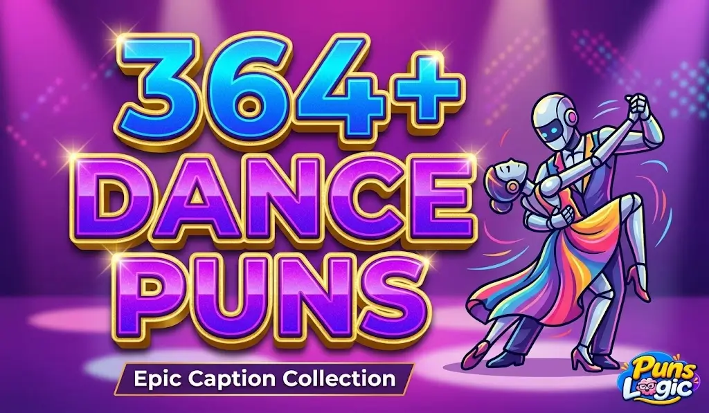 Bold 3D typography reading "364+ Dance Puns" with dancing couple and Puns Logic logo.