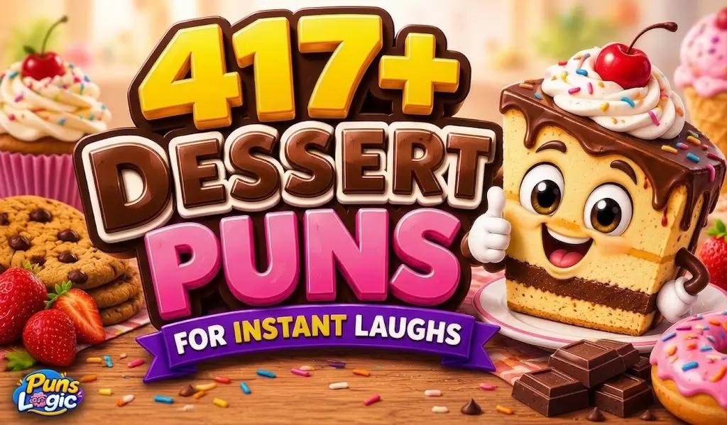 Colorful dessert character with bold 417+ dessert puns text