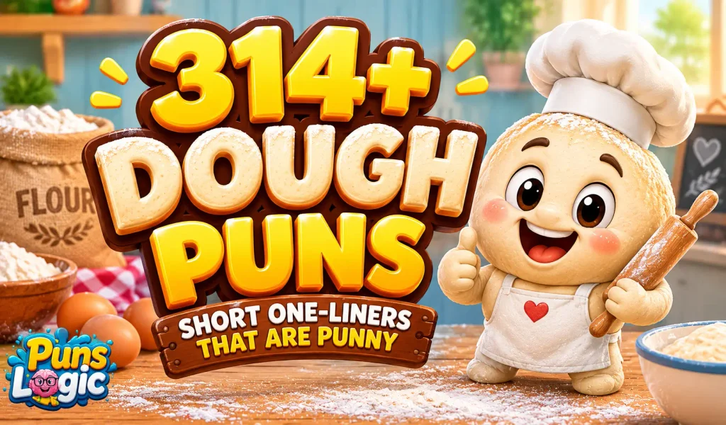Dough puns thumbnail with a cheerful baker mascot and 314+ funny dough puns