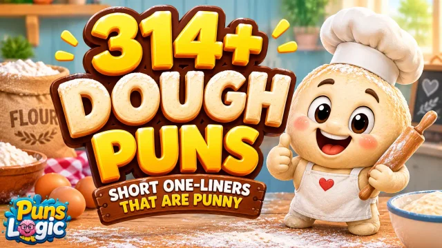Dough puns thumbnail with a cheerful baker mascot and 314+ funny dough puns