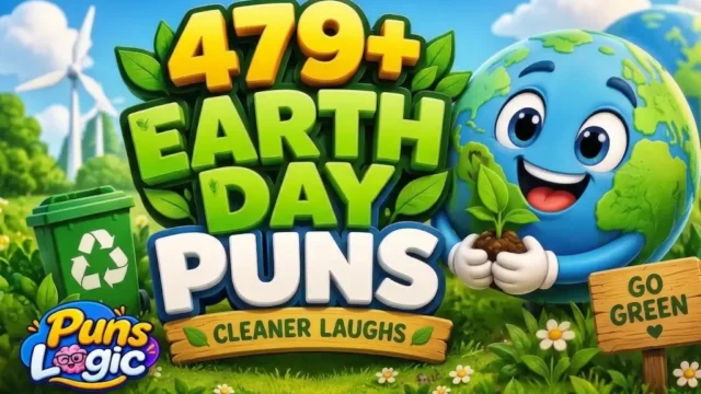 479+ Earth Day puns thumbnail with a cheerful Earth mascot and green eco-themed elements