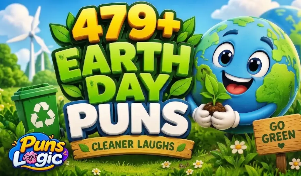 479+ Earth Day puns thumbnail with a cheerful Earth mascot and green eco-themed elements