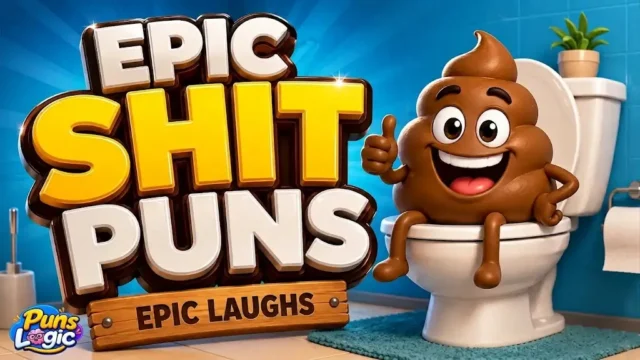 A humorous 3D cartoon illustration of a cheerful poop emoji character with tiny arms and legs, sitting on a white toilet and giving a thumbs up, positioned next to giant bulky 3D letters that read "EPIC SHIT PUNS" with an "EPIC LAUGHS" wooden sign underneath, set in a blue bathroom with toilet paper, a brush, and a potted plant, with a small "Puns Logic" watermark in the bottom-left.