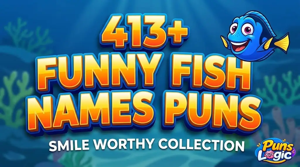 Bold 3D typography featuring 413+ funny fish names puns for a smileworthy collection with a cartoon fish.