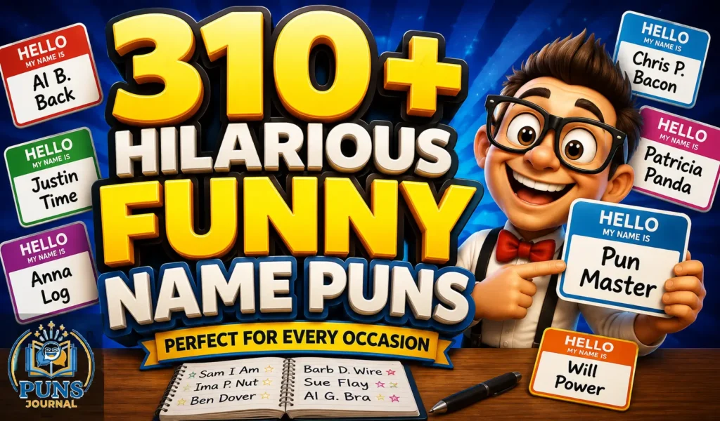 310+ funny name puns thumbnail with colorful name tags and a cheerful cartoon character