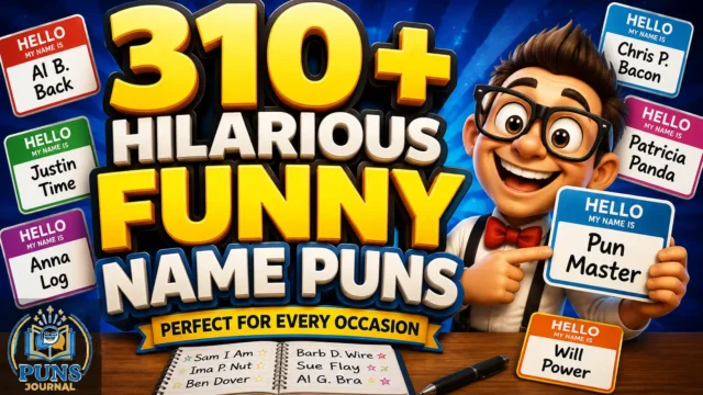 310+ funny name puns thumbnail with colorful name tags and a cheerful cartoon character