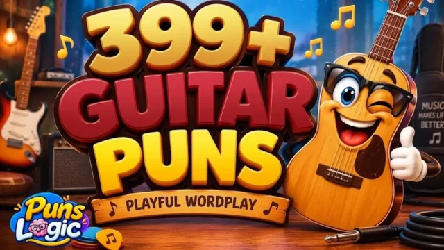 399+ guitar puns thumbnail with a cheerful cartoon guitar and bold 3D lettering