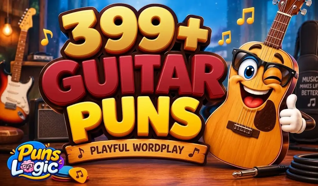 399+ guitar puns thumbnail with a cheerful cartoon guitar and bold 3D lettering