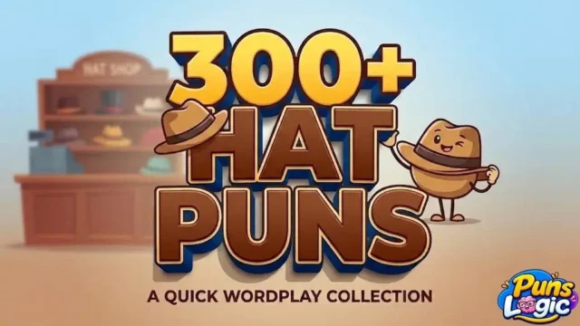 300+ Hat Puns featured thumbnail cover art with cheerful winking fedora mascot and typography for Puns Logic.