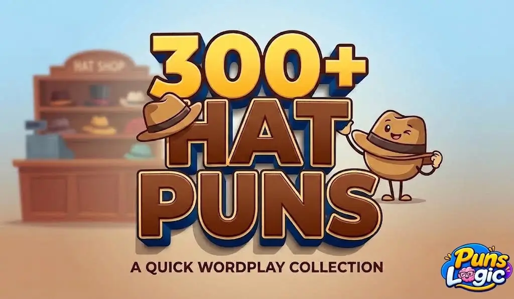 300+ Hat Puns featured thumbnail cover art with cheerful winking fedora mascot and typography for Puns Logic.