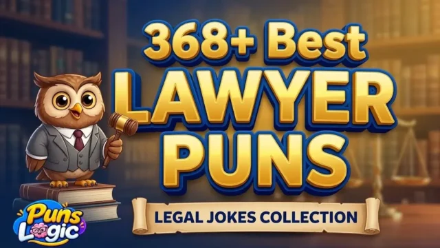 Massive 3D gold and blue text reading 368+ Best LAWYER PUNS with an owl in a suit mascot and Puns Logic watermark on blurred courtroom background.