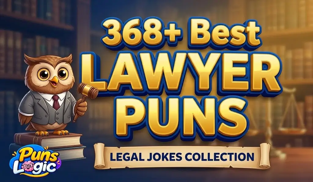 Massive 3D gold and blue text reading 368+ Best LAWYER PUNS with an owl in a suit mascot and Puns Logic watermark on blurred courtroom background.