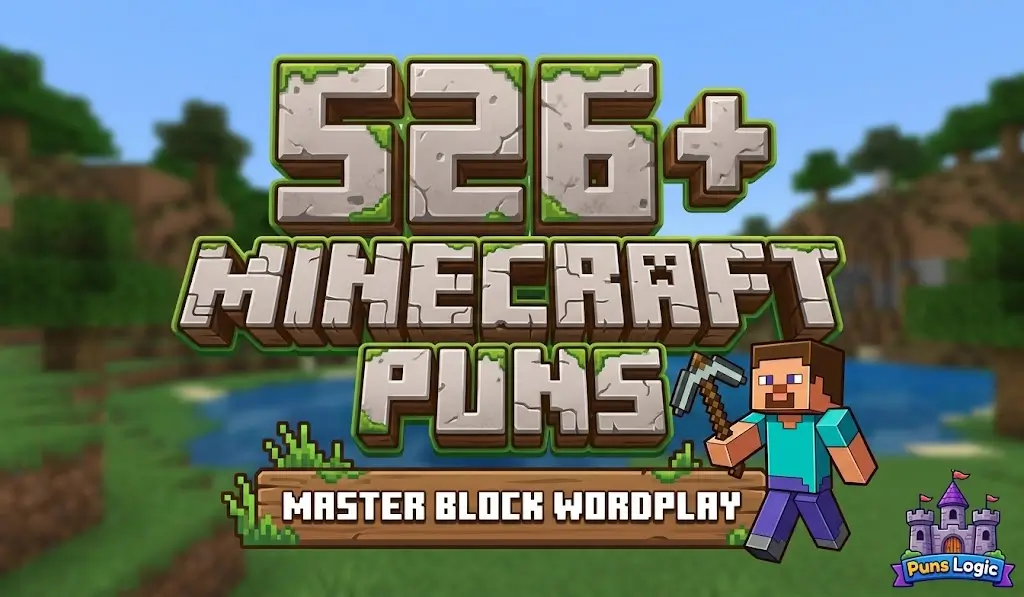 Blocky 3D typography for "526+ MINECRAFT PUNS" featuring a cartoon Steve mascot.