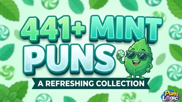 Blocky 3D typography for "MINT PUNS" with candy-like colors and a character in a blurred setting.