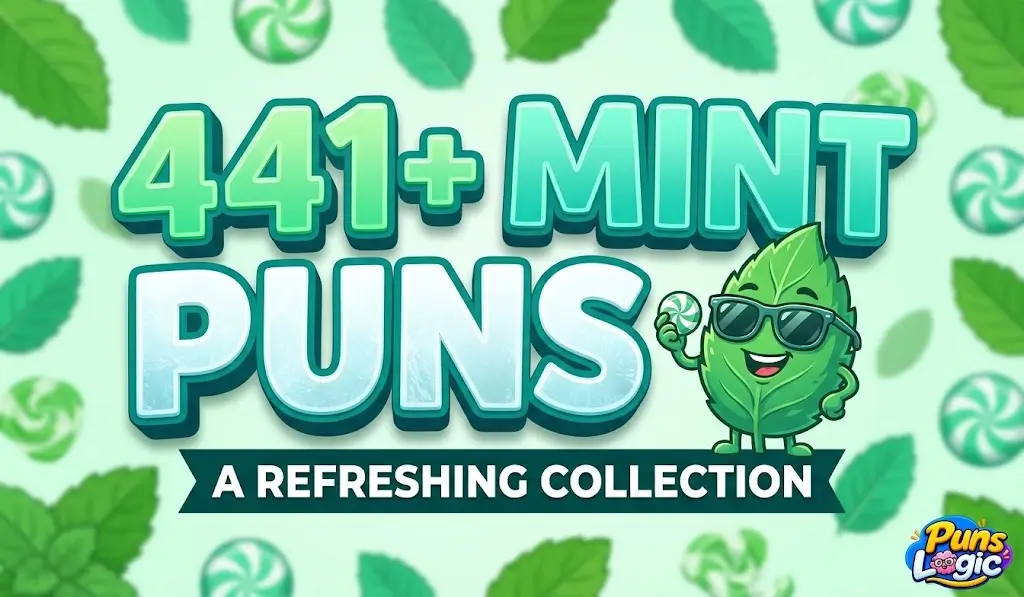 Blocky 3D typography for "MINT PUNS" with candy-like colors and a character in a blurred setting.
