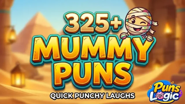Cover image with 325+ mummy puns title and a winking cartoon mummy character in an Egyptian desert.