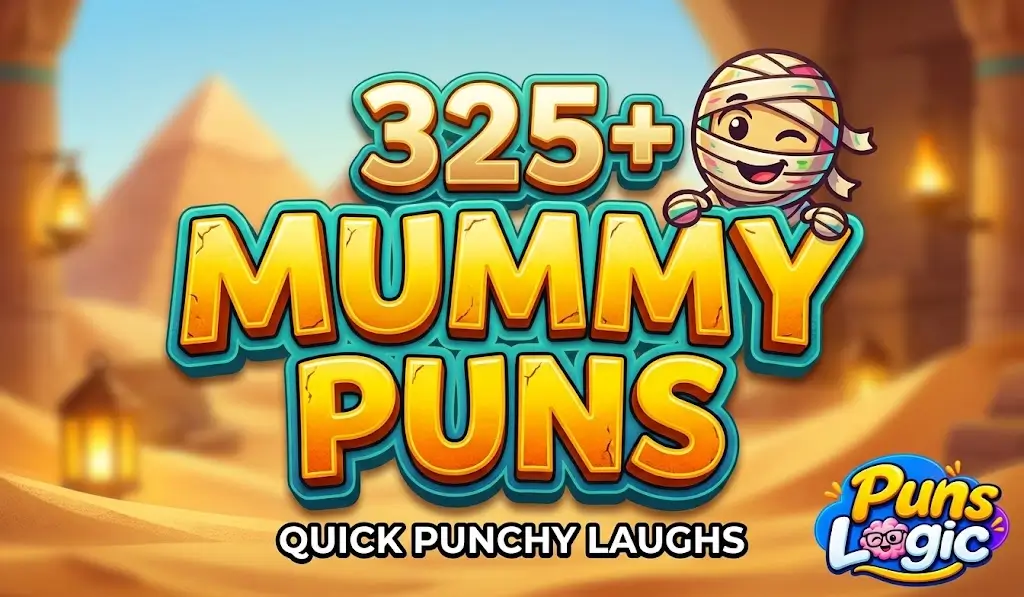 Cover image with 325+ mummy puns title and a winking cartoon mummy character in an Egyptian desert.
