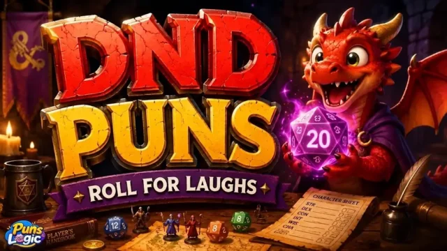 A fantasy-themed 3D illustration of a cute little red baby dragon wearing a purple cloak and holding a glowing purple 20-sided die on a DND-themed tabletop, beside giant rustic red and gold "DND PUNS" lettering with a purple "ROLL FOR LAUGHS" banner below, surrounded by gaming dice, miniatures, a character sheet, and a small "Puns Logic" watermark in the bottom-left corner.