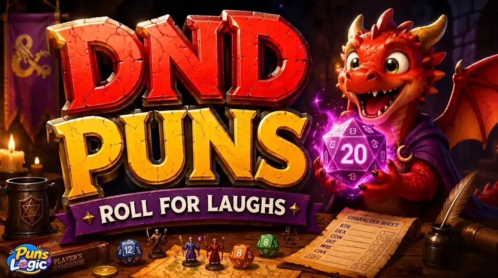 A fantasy-themed 3D illustration of a cute little red baby dragon wearing a purple cloak and holding a glowing purple 20-sided die on a DND-themed tabletop, beside giant rustic red and gold "DND PUNS" lettering with a purple "ROLL FOR LAUGHS" banner below, surrounded by gaming dice, miniatures, a character sheet, and a small "Puns Logic" watermark in the bottom-left corner.