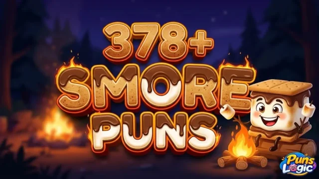 Dimensional 3D typography for '378+ SMORE PUNS' with a cheerful animated s'more mascot against a blurred campfire scene.