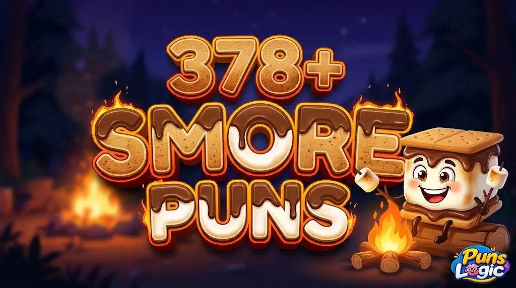 Dimensional 3D typography for '378+ SMORE PUNS' with a cheerful animated s'more mascot against a blurred campfire scene.