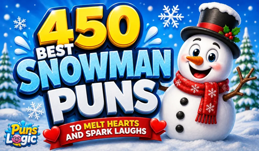 Snowman puns featured image with a cheerful snowman and bold winter-themed 3D typography