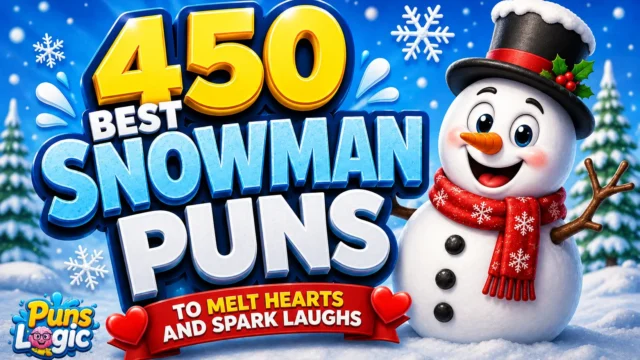 Snowman puns featured image with a cheerful snowman and bold winter-themed 3D typography