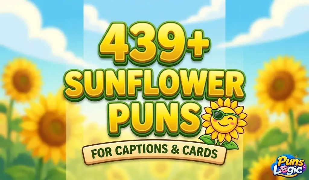 Cheerful winking sunflower mascot and bold 3D typography for 439+ sunflower puns for Puns Logic.