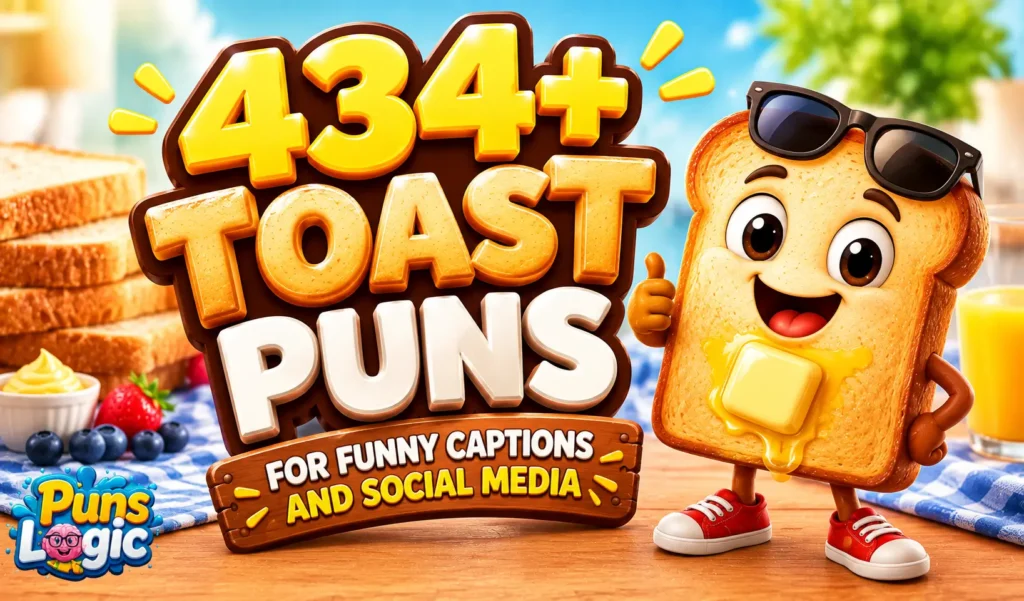 Toast puns thumbnail with a cheerful toast mascot and 434+ funny toast puns