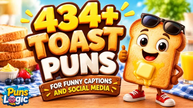 Toast puns thumbnail with a cheerful toast mascot and 434+ funny toast puns