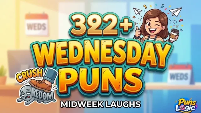 Bold 3D text reading '392+ Wednesday Puns' next to a winking cartoon office worker mascot.