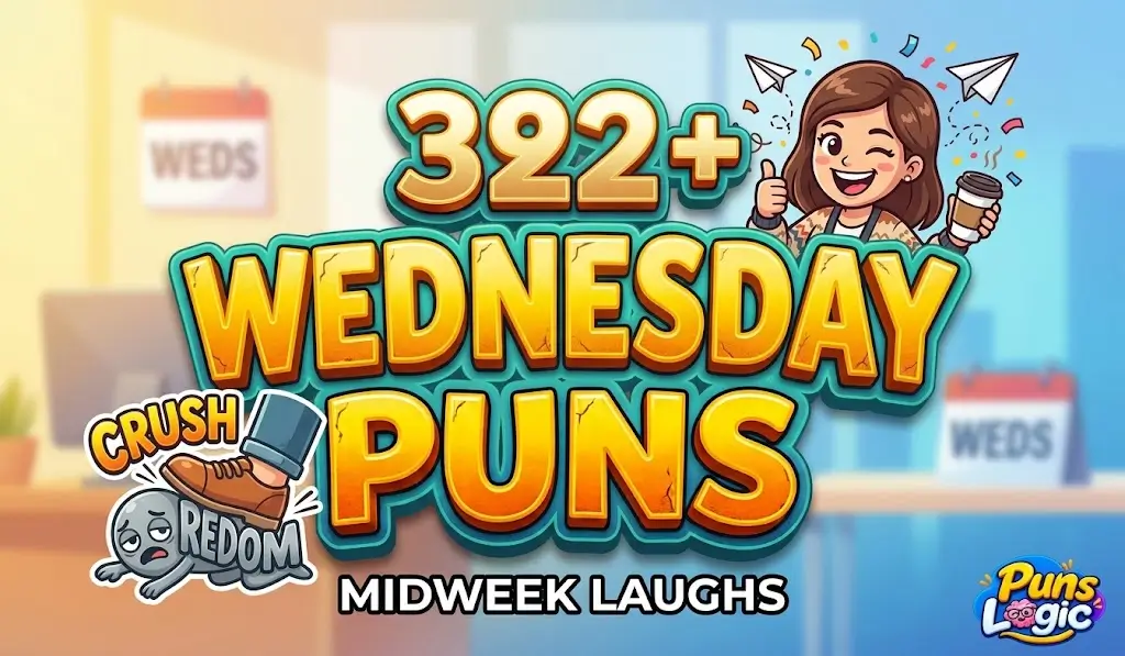 Bold 3D text reading '392+ Wednesday Puns' next to a winking cartoon office worker mascot.