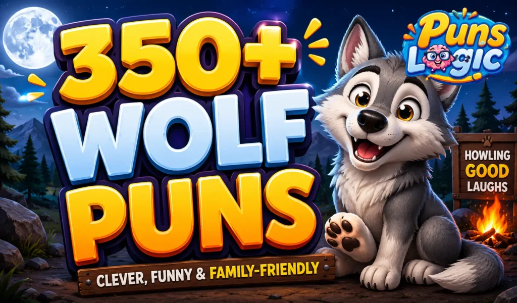 350+ wolf puns thumbnail with a cheerful cartoon wolf in a moonlit forest